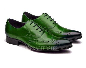 Burgundy Handmade Green Full Brogue Style Leather Oxford Shoes for Men's – Vintage Elegance with Custom Comfort Men Shoes