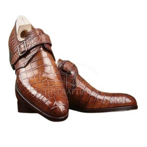Brown Crocodile Texture Leather Monk Strap Dress Shoes | Rich Brown Tones And a Smooth Finish | Shoe For Special Occasions.
