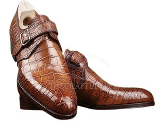 Brown Crocodile Texture Leather Monk Strap Dress Shoes | Rich Brown Tones And a Smooth Finish | Shoe For Special Occasions.