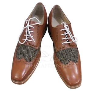 Classic Brown Leather and Tweed Contrast Wingtip Oxford Dress Lace up Shoes | Handcrafted Men&#39;s Casual Wear Shoes With White Laces