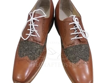 Klassisches braunes Leder und Tweed Kontrast Flügelspitze Oxford Kleid Schnürschuhe | Handgefertigte Herren Casual Wear Schuhe mit weißen Schnürsenkeln