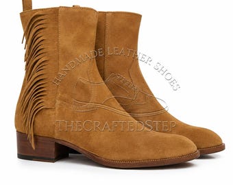 New Men's Handmade Jodhpur Tan Fringe Detailing Suede Ankle Shoes