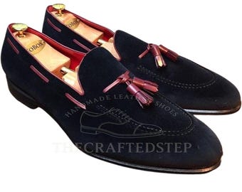 Black Suede Tassel Loafers Slip-on Fashion Shoes for Men Casual Shoes | Handcrafted Black Suede Leather With Brown Tassel Fashion Shoes