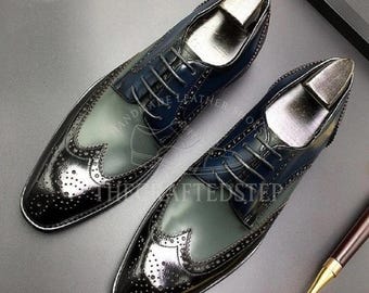 Classic Handmade Cowhide Leather Derby Wingtip Shoes | Three Tone Black Grey Blue Dress Shoes | Lace Up Formal Footwear for Men