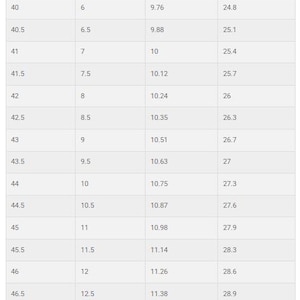 May include: A footwear size conversion chart for men, displaying EU, UK, and foot length measurements in inches and centimeters. The chart includes sizes from EU 40 (9.76 inches, 24.8 cm) to EU 47.5 (11.69 inches, 29.7 cm).