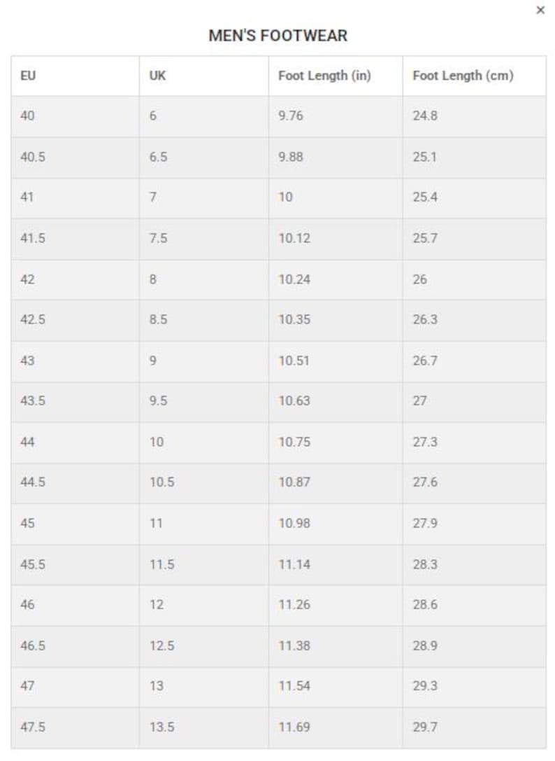 May include: A footwear size conversion chart for men, displaying EU, UK, and foot length measurements in inches and centimeters. The chart includes sizes from EU 40 (9.76 inches, 24.8 cm) to EU 47.5 (11.69 inches, 29.7 cm).