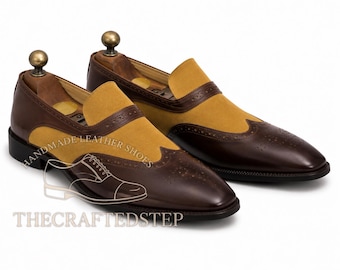 New Men's Handmade Brown Leather & Beige Suede Loafer Dress Formal Wear Shoes