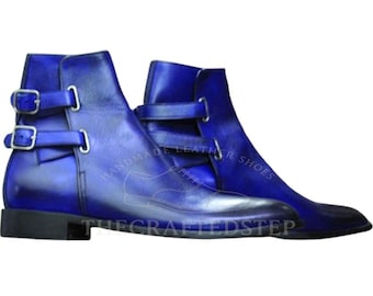 Blue Colour Double Buckle Genuine Leather Boot | Men's Stylish Ankle High Luxury Handmade Boots | Prefect Shoes For Fashion Lover