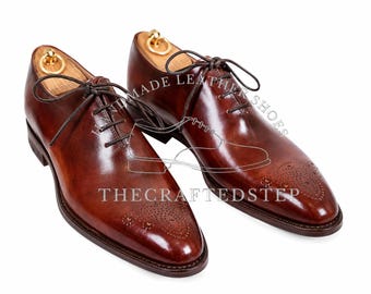 New Men's Handmade Maroon Oxford Toe Genuine Leather Brogues Shoes