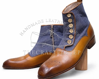 Denim Blue Tweed Brown Leather Men's Handmade Stylish Formal Side Zipper Button Boots