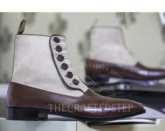 Ankle High Two Tone Button Top Boots | Cow Leather & Suede Combination | Handmade Casual Formal Men’s Boot | Classic Stylish Footwear