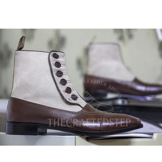 Ankle High Two Tone Button Top Boots | Cow Leather & Suede Combination | Handmade Casual Formal Men’s Boot | Classic Stylish Footwear