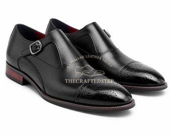 Genuine Luxury Leather Men’s Monk Strap Black Oxfords Handmade Formal Semi Brogue Shoes