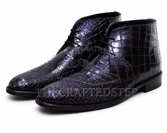 New Men's Handmade Leather Black Crocodile Textured Leather Lace Up Ankle  Shoes