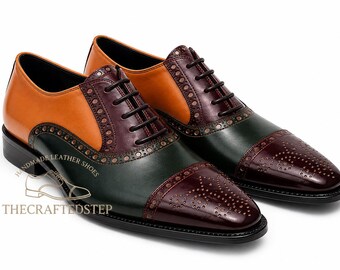 New Handmade Men Multi Colors Medallion Cap Toe Derby Lace Up Genuine Leather Shoes