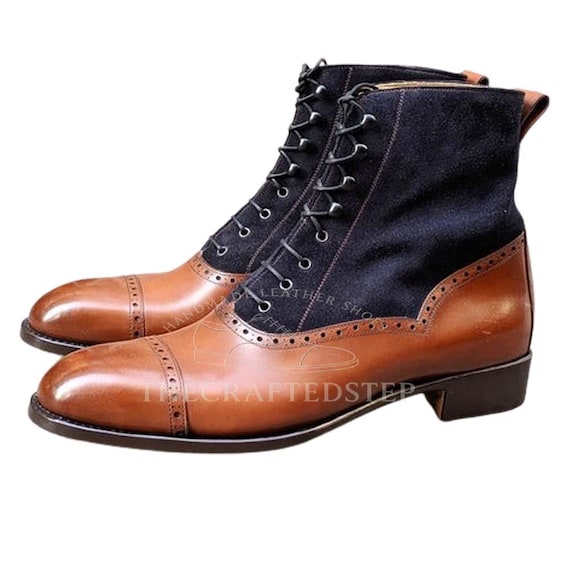 Two Tone Navy Suede Ankle High Lace up Genuine Leather Boot  display picture 2