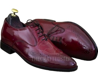 Handcrafted Men's Burgundy Colour Brogue Toe Spectator Lace Up Genuine Leather Shoes | Custom Fit Wedding & Formal Wear Shoes For Men's