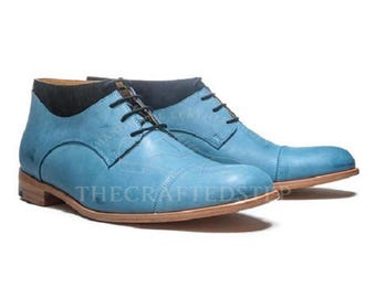 Handcrafted Men’s Blue Full Grain Leather Oxford Dress Shoes | Custom Fit, Elegant Footwear for Weddings & Office | Perfect Gift For Him