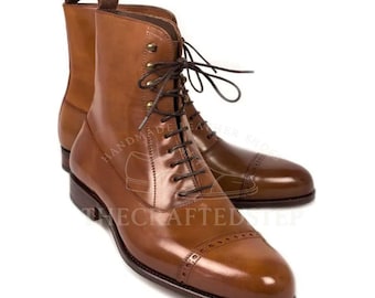 Elegante handgemachte braune Herrenlederschuhe | Vintage Style Dress Schuhe mit Premium-Details | Handgefertigte Cap Toe Echtes Rindsleder Boot