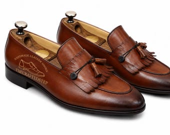 Casual Men's Handmade Chocolate Brown loafer Style Leather Shoes With Brown Tassels