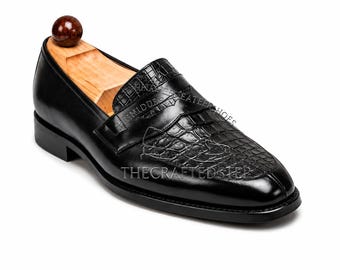 Black Leather Crocodile loafers| New Men's Handmade Leather Patina Dress Formal Shoes