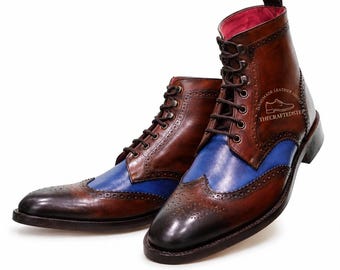 New Wingtip Brogue Men's Handmade Blue and Brown  Lace up High Ankle Boots