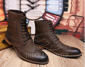 Handcrafted Men's Brown Wingtip Dress Boots | Ankle High Men Lace Up Leather Boot | Premium Classic Formal Footwear