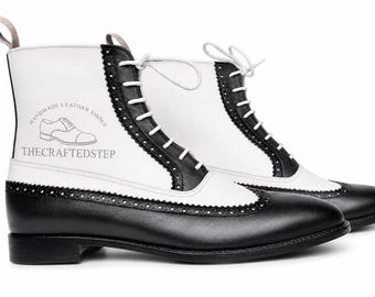 Men's Handmade Black and White High Ankle Real Leather Lace Up Wing Tip Shoes