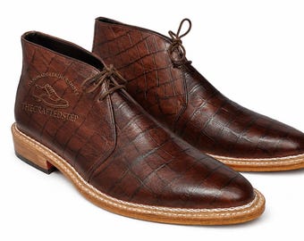 Handmade Crocodile Pattern Leather Chukka Boot| Real Sheep Leather Luxury Formal Shoes Men Today
