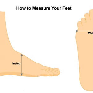 May include: Illustration showing how to measure feet. The image includes a side view of a foot with an arrow indicating the instep measurement, and a top view of a foot with arrows for width and length, next to a ruler.