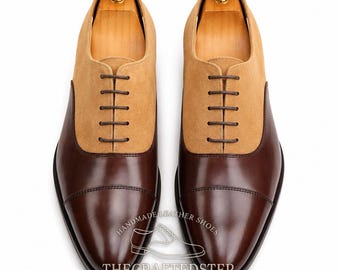 New Men's Handmade Brown Beige Wing Tip Lace Up Suede Leather Shoes