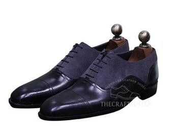 Men's Grey Handmade Leather Oxford Suede Patent Sheep Leather Elegant Formal  Luxury Style Shoes