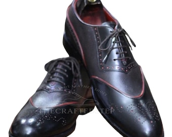 Bespoke Handmade Black Colour Lace Up Men's Brogue Toe Leather Formal Shoes | Artistic Finish with Premium Craftsmanship