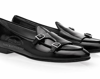 Scarpe da uomo in pelle nera lucida, nuove, modello doppio monk/décolleté, fatte a mano, di lusso.