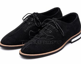 Black Suede Leather Oxford with Embossed Handmade Casual Lace Up Split Toe Shoes