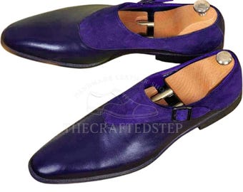 Personalizza le scarpe da festa formali in pelle scamosciata blu con cinturino Monk / Tonalità blu intenso e finitura liscia / Scarpe per occasioni informali o speciali