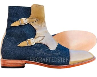 Beige Blue Cap Toe Double Buckle Ankle High Denim Leather Boots For Men | Modern Styling Vintage Craftsmanship for Modern Gentleman.