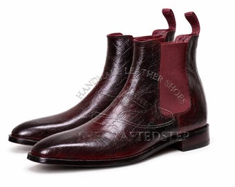 New Men's Handmade Leather Brown Crocodile Textured Leather High Ankle  Chelsea Casual Formal Boot