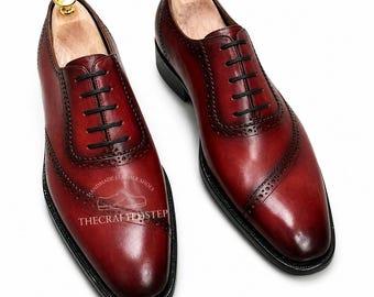 Handmade Men's Oxford Shiny Burnished Wing Tip Maroon Tone Superior Leather Lace Up  Formal Shoes