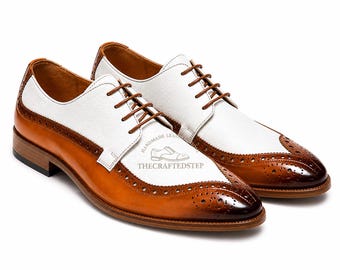 Men's Original Handmade White & Brown Vegan Leather  Lizard Print Derby Dress Shoes