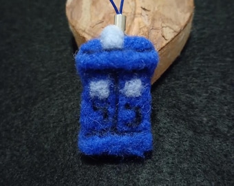TARDIS Needle Felted Phone Charm, Doctor Who Bag Charm, Handmade Wool Whovian Gift