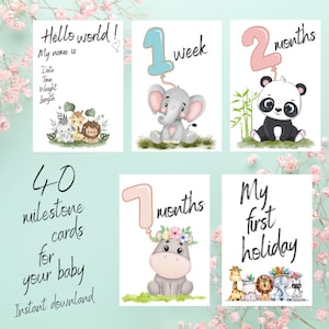 Cartes jalon bébé – 40 cartes imprimables de style animalier | Téléchargement numérique | Accessoires photo nouveau-né | Cadeau baby shower