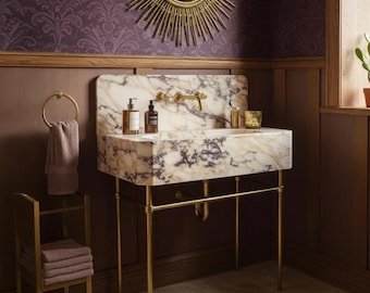 Calacatta Amber Viola Marble Sink – Wall Mounted Vanity, Luxury Stone Basin, Floating Console Sink with Dramatic Veins M7M011