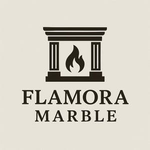 May include: A logo for Flamora Marble, featuring a stylized fireplace with a flame inside. The design is in black against a cream background. The company name is displayed in a classic serif font below the graphic.