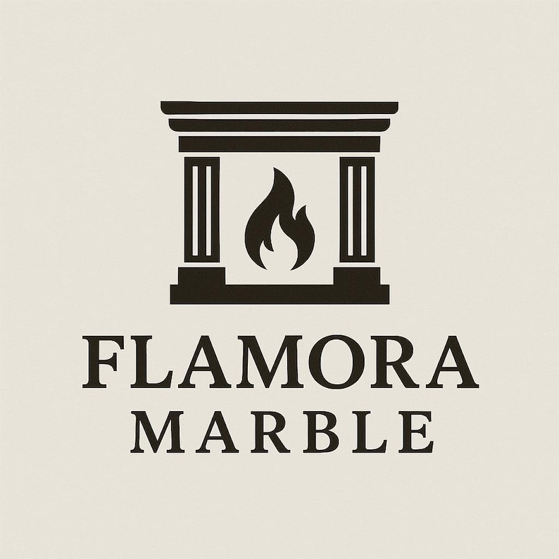 May include: A logo for Flamora Marble, featuring a stylized fireplace with a flame inside. The design is in black against a cream background. The company name is displayed in a classic serif font below the graphic.