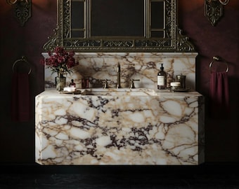 Lavabo de mármol Calacatta Amber Viola | Lavamanos artesanal con vetas | Lavabo mural para baño elegante