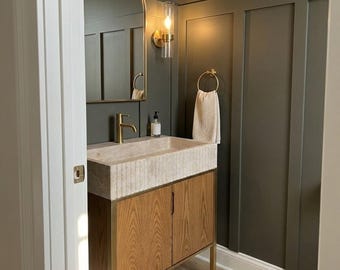 Travertine Vanity | Custom Travertine Marble Vanity Sink with Wood Vanity and Hand Carved Detail, Warm Rustic Natural Stone