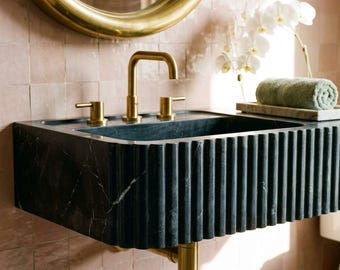 Custom Pietre Notte Wall Mounted Marble Sink with Hand Carved Detail, Rustic Warm Stone Character