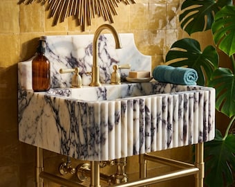 Fluted Sink | Custom Calacatta Viola Marble Pedestal Sink with Backsplash and Optional Metal Stand, Warm Toned Rustic Stone