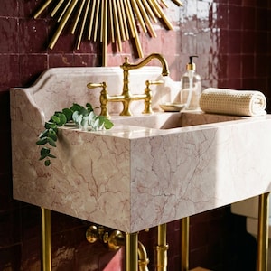 Pink Violet Hand Carved Marble Pedestal Sink with Backsplash and Optional Metal Stand, Sun Warmed Rustic Stone
